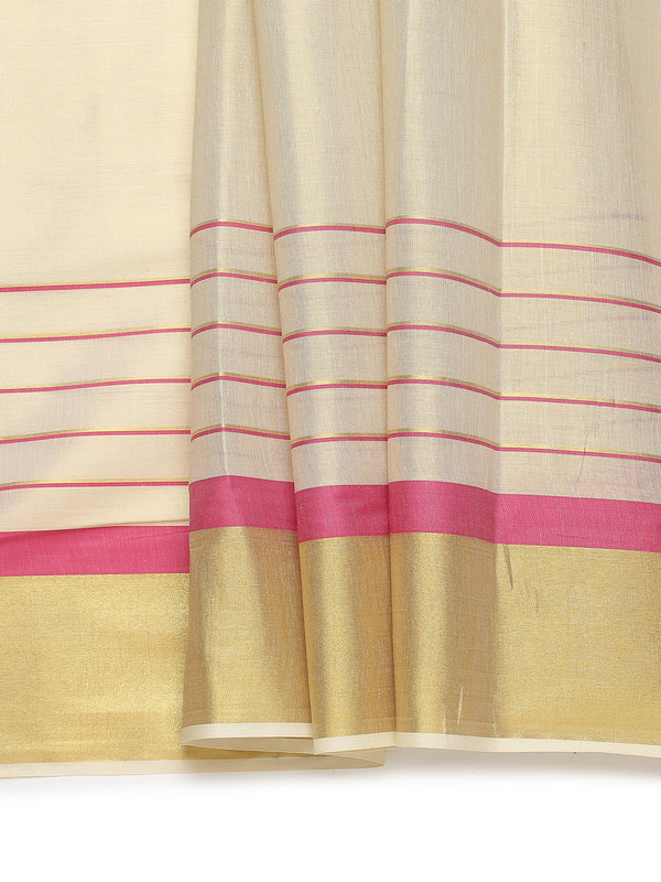 Golden Tissue Set Saree with Golden With Pink Dual Kasavu Layered Border And Pink & Cream Tassels