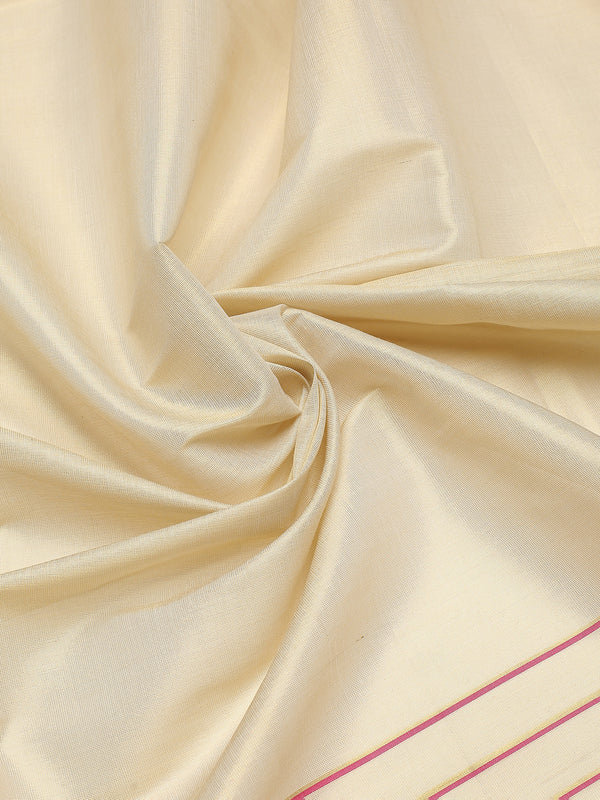 Golden Tissue Set Saree with Golden With Pink Dual Kasavu Layered Border And Pink & Cream Tassels