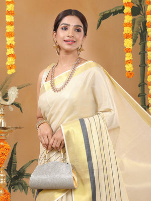 Golden Tissue Saree with Black Kasavu Border & Black-Cream Tassels