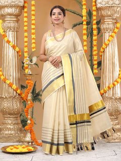 Golden Tissue Saree with Black Kasavu Border & Black-Cream Tassels