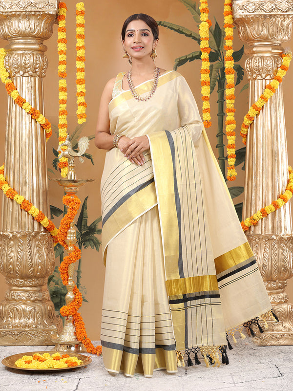 Golden Tissue Saree with Black Kasavu Border & Black-Cream Tassels