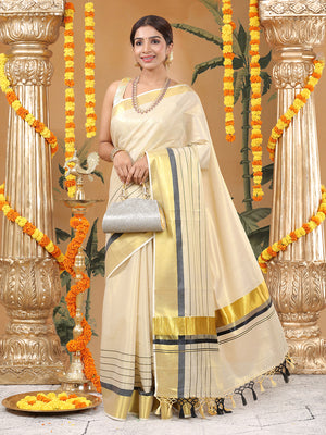 Golden Tissue Saree with Black Kasavu Border & Black-Cream Tassels
