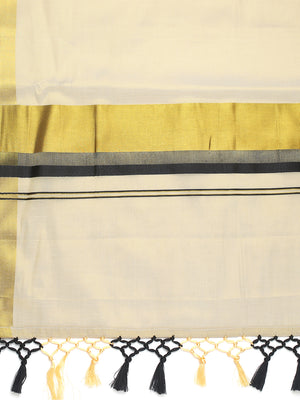 Golden Tissue Saree with Black Kasavu Border & Black-Cream Tassels