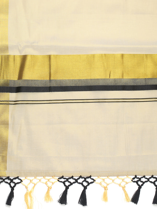 Golden Tissue Saree with Black Kasavu Border & Black-Cream Tassels