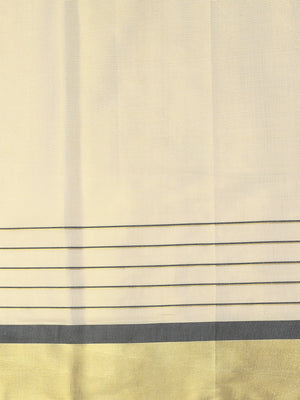 Golden Tissue Saree with Black Kasavu Border & Black-Cream Tassels