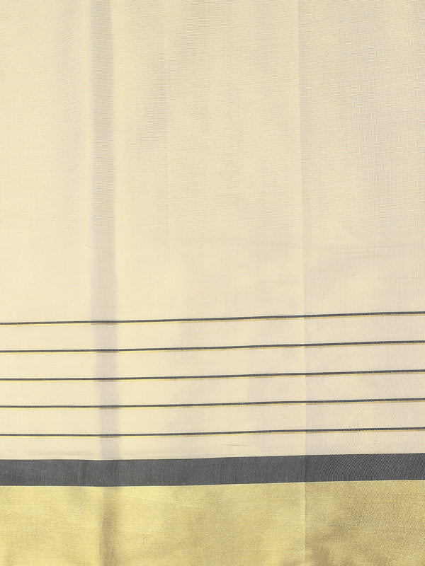 Golden Tissue Saree with Black Kasavu Border & Black-Cream Tassels
