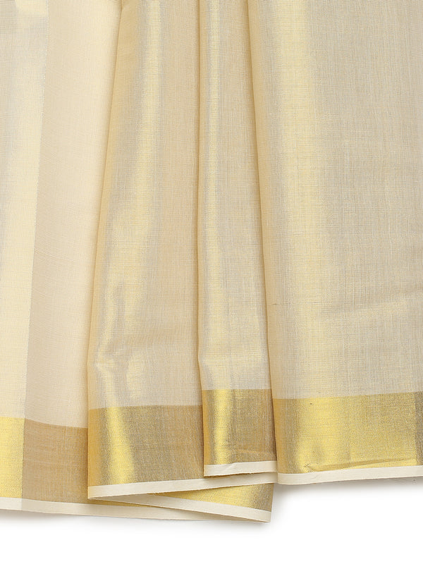 Golden Tissue Saree with Black Kasavu Border & Black-Cream Tassels