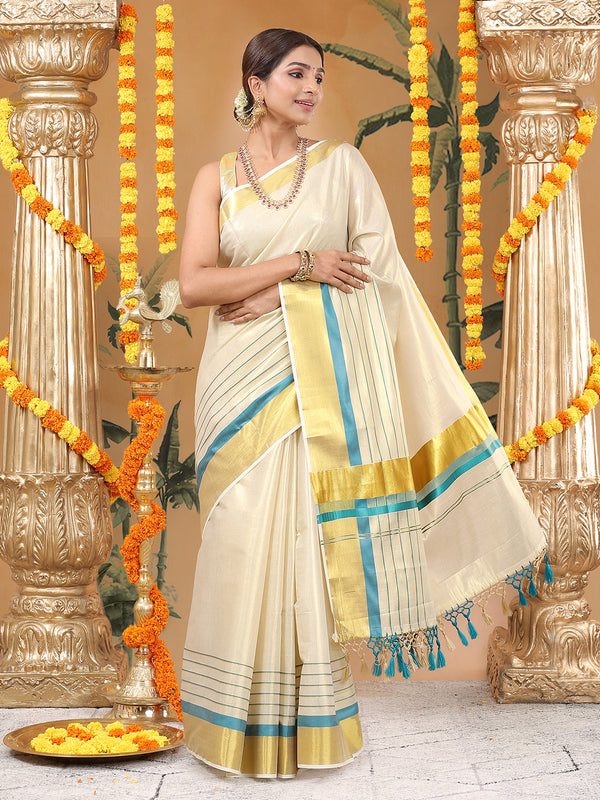 Golden Tissue Set Saree with Golden With Teal Dual Kasavu Layered Border And Teal & Cream Tassels