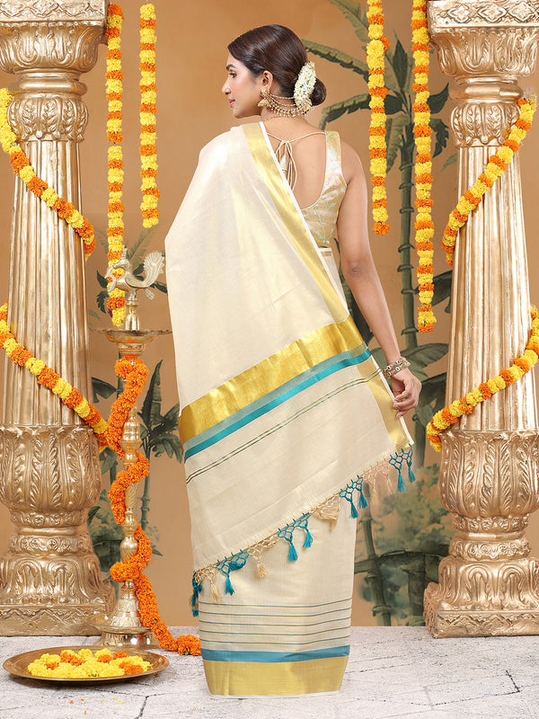 Golden Tissue Set Saree with Golden With Teal Dual Kasavu Layered Border And Teal & Cream Tassels