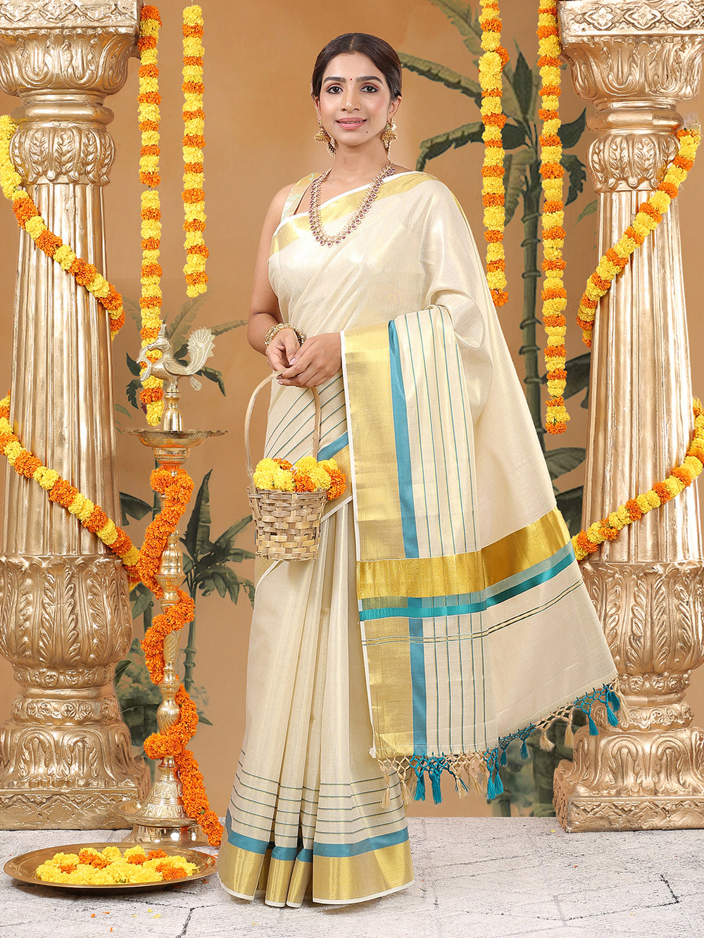 Golden Tissue Set Saree with Golden With Teal Dual Kasavu Layered Border And Teal & Cream Tassels