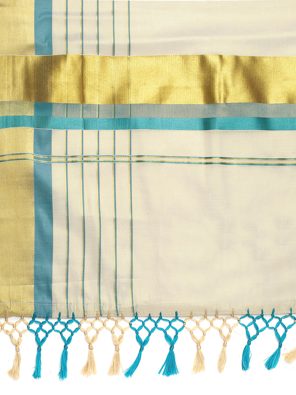 Golden Tissue Set Saree with Golden With Teal Dual Kasavu Layered Border And Teal & Cream Tassels