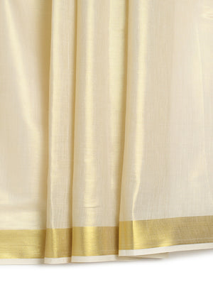 Golden Tissue Set Saree with Golden With Teal Dual Kasavu Layered Border And Teal & Cream Tassels
