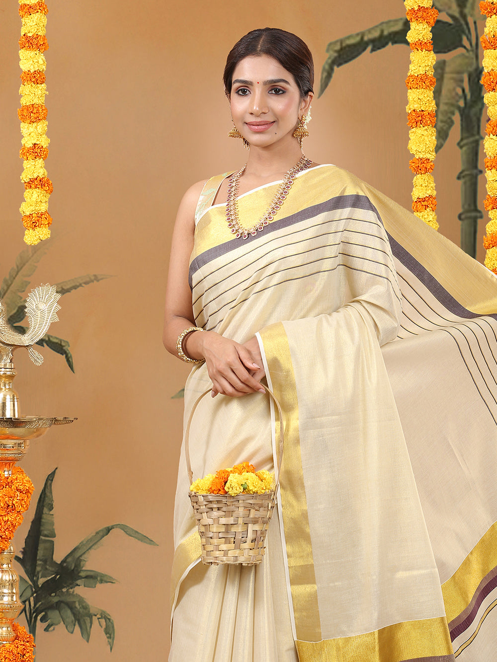 Golden Tissue Saree with Brown-Golden Kasavu & Dual Color Tassels