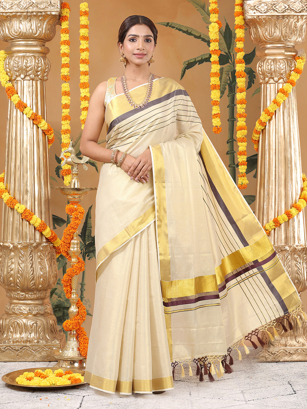Golden Tissue Saree with Brown-Golden Kasavu & Dual Color Tassels