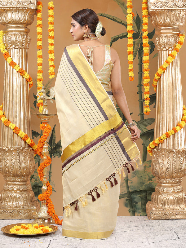 Golden Tissue Saree with Brown-Golden Kasavu & Dual Color Tassels