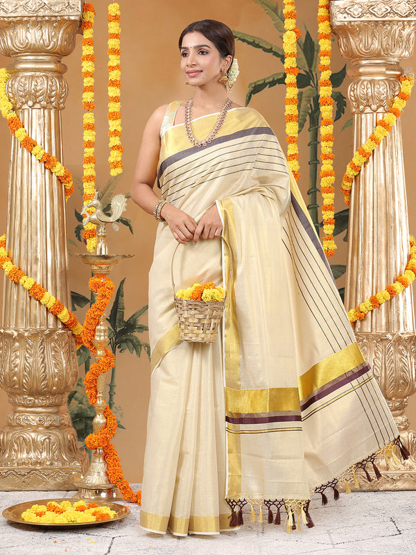Golden Tissue Saree with Brown-Golden Kasavu & Dual Color Tassels