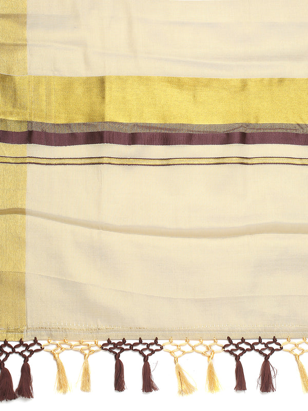 Golden Tissue Saree with Brown-Golden Kasavu & Dual Color Tassels