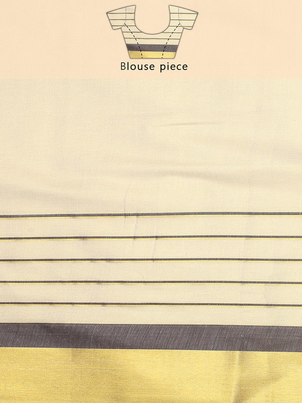 Golden Tissue Saree with Brown-Golden Kasavu & Dual Color Tassels