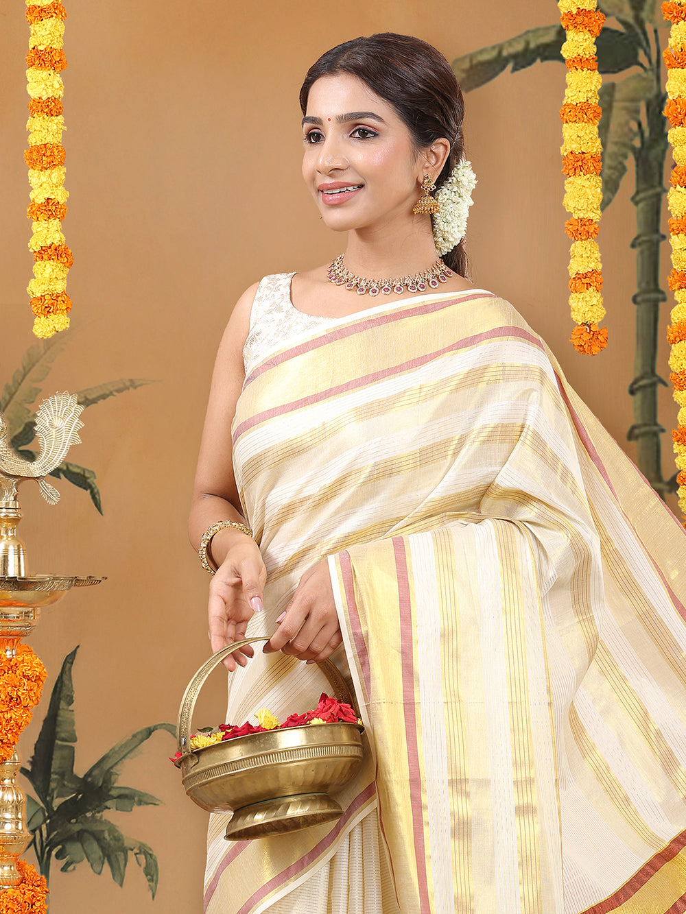 Off-White Cotton Striped Set Saree with Brick Red & Golden Woven Border and Tassels