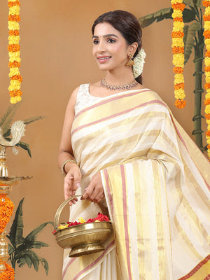 Off-White Cotton Striped Set Saree with Brick Red & Golden Woven Border and Tassels