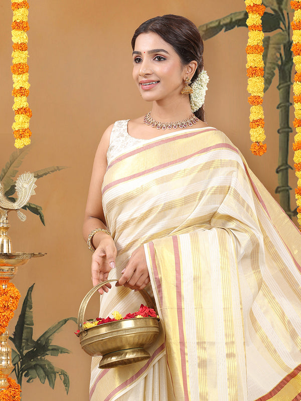 Off-White Cotton Striped Set Saree with Brick Red & Golden Woven Border and Tassels
