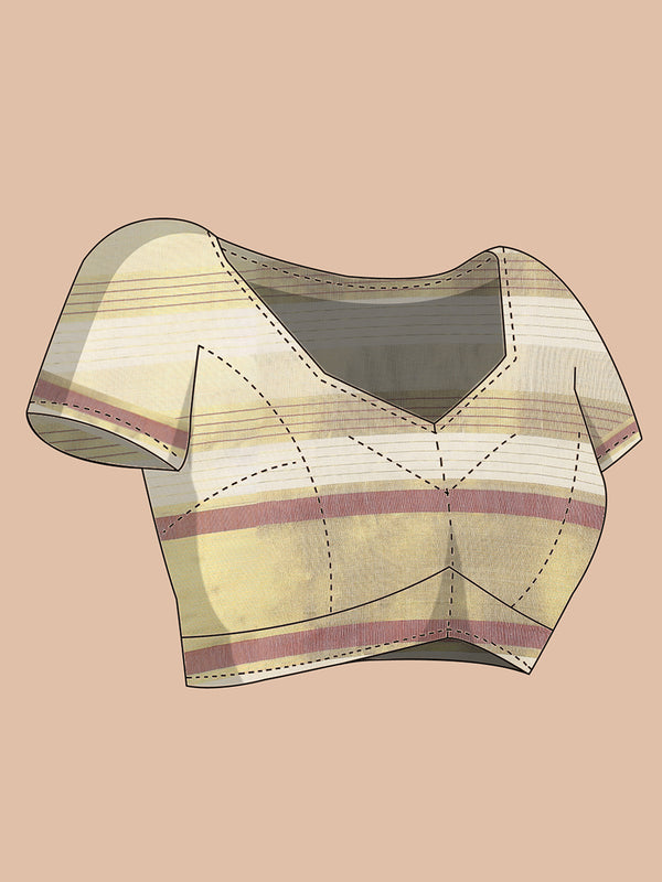 Off-White Cotton Striped Set Saree with Brick Red & Golden Woven Border and Tassels