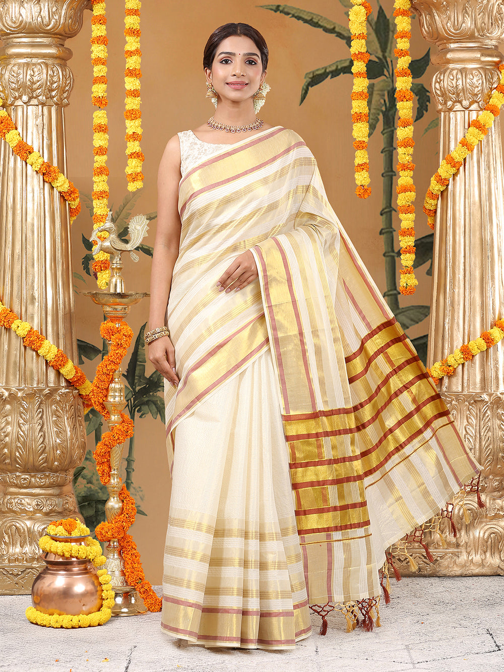Off-White Cotton Striped Set Saree with Brick Red & Golden Woven Border and Tassels