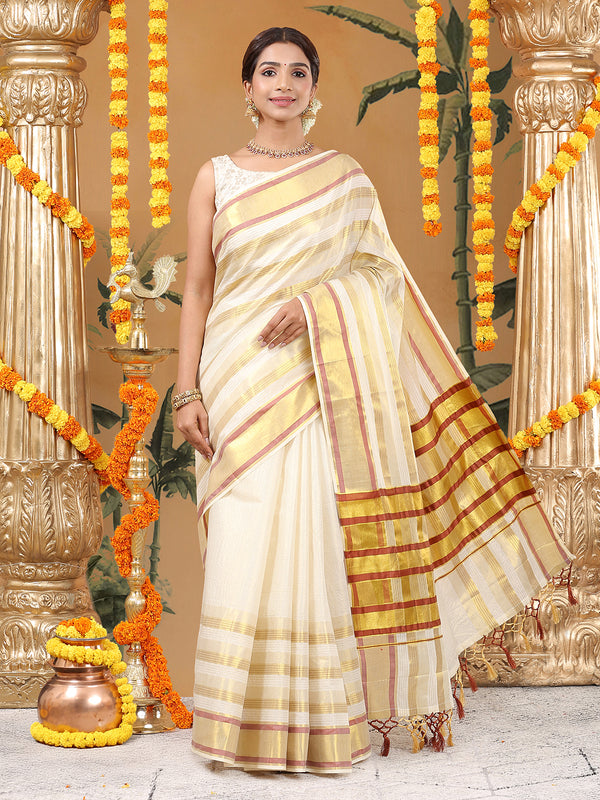 Off-White Cotton Striped Set Saree with Brick Red & Golden Woven Border and Tassels