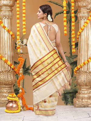 Off-White Cotton Striped Set Saree with Brick Red & Golden Woven Border and Tassels