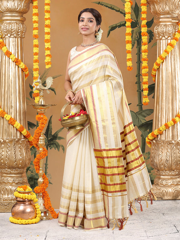 Off-White Cotton Striped Set Saree with Brick Red & Golden Woven Border and Tassels
