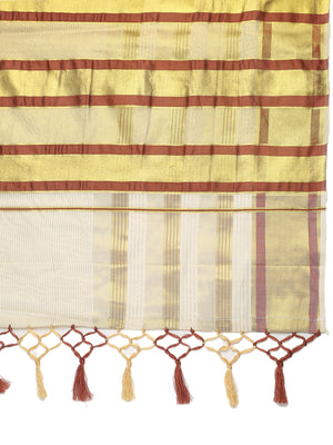 Off-White Cotton Striped Set Saree with Brick Red & Golden Woven Border and Tassels