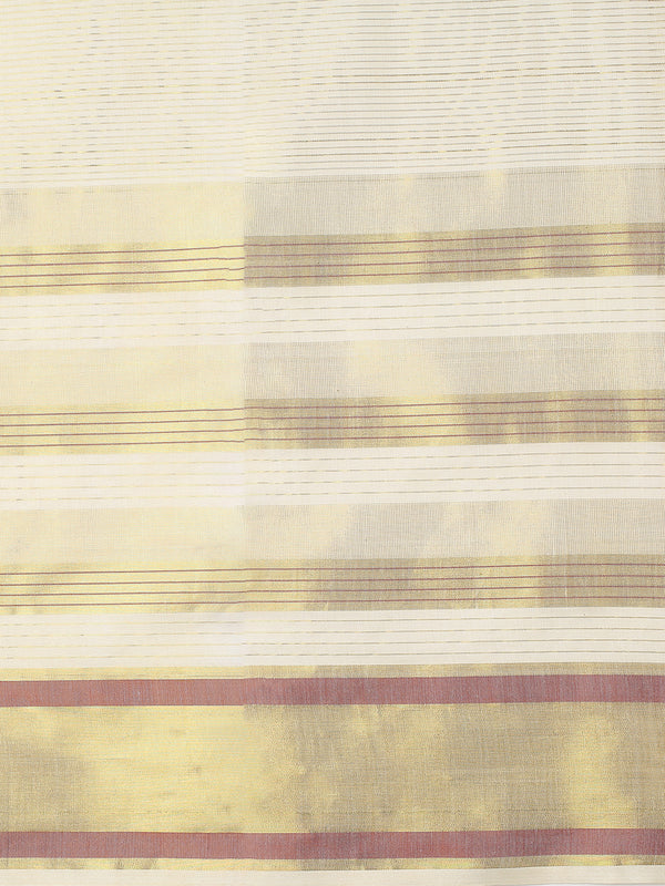 Off-White Cotton Striped Set Saree with Brick Red & Golden Woven Border and Tassels