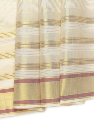Off-White Cotton Striped Set Saree with Brick Red & Golden Woven Border and Tassels