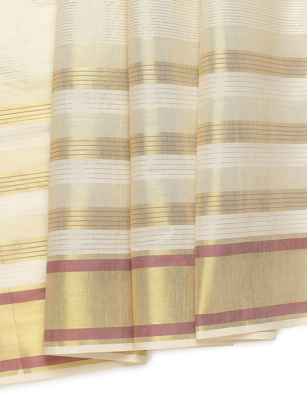 Off-White Cotton Striped Set Saree with Brick Red & Golden Woven Border and Tassels