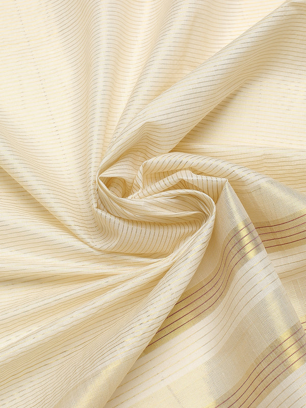 Off-White Cotton Striped Set Saree with Brick Red & Golden Woven Border and Tassels
