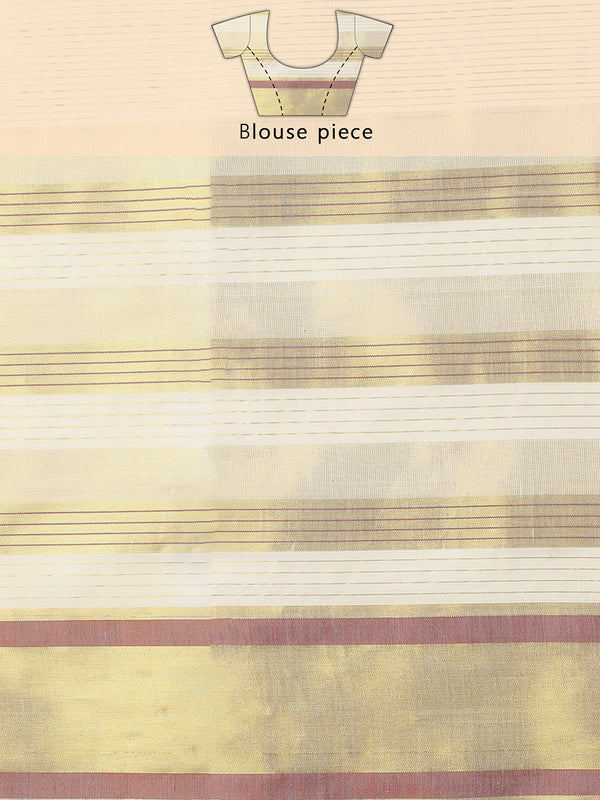 Off-White Cotton Striped Set Saree with Brick Red & Golden Woven Border and Tassels
