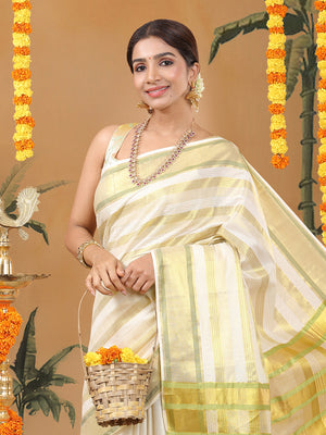 Striped Off-White Cotton Set Saree with Light Green & Golden Woven Border