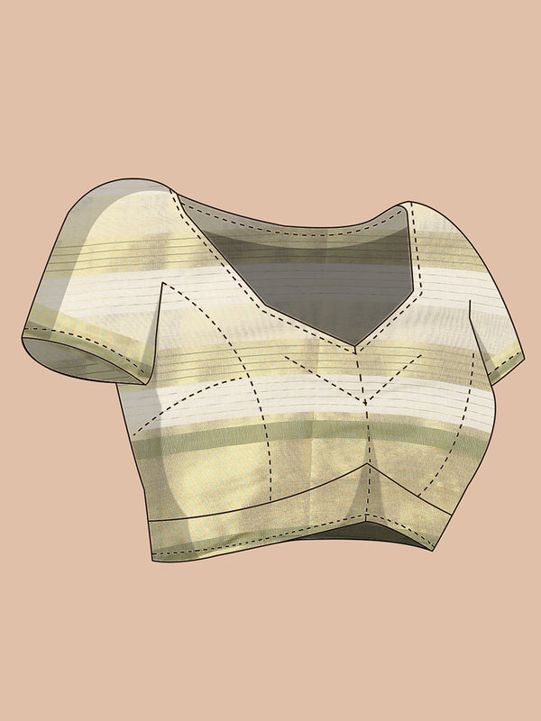 Striped Off-White Cotton Set Saree with Light Green & Golden Woven Border