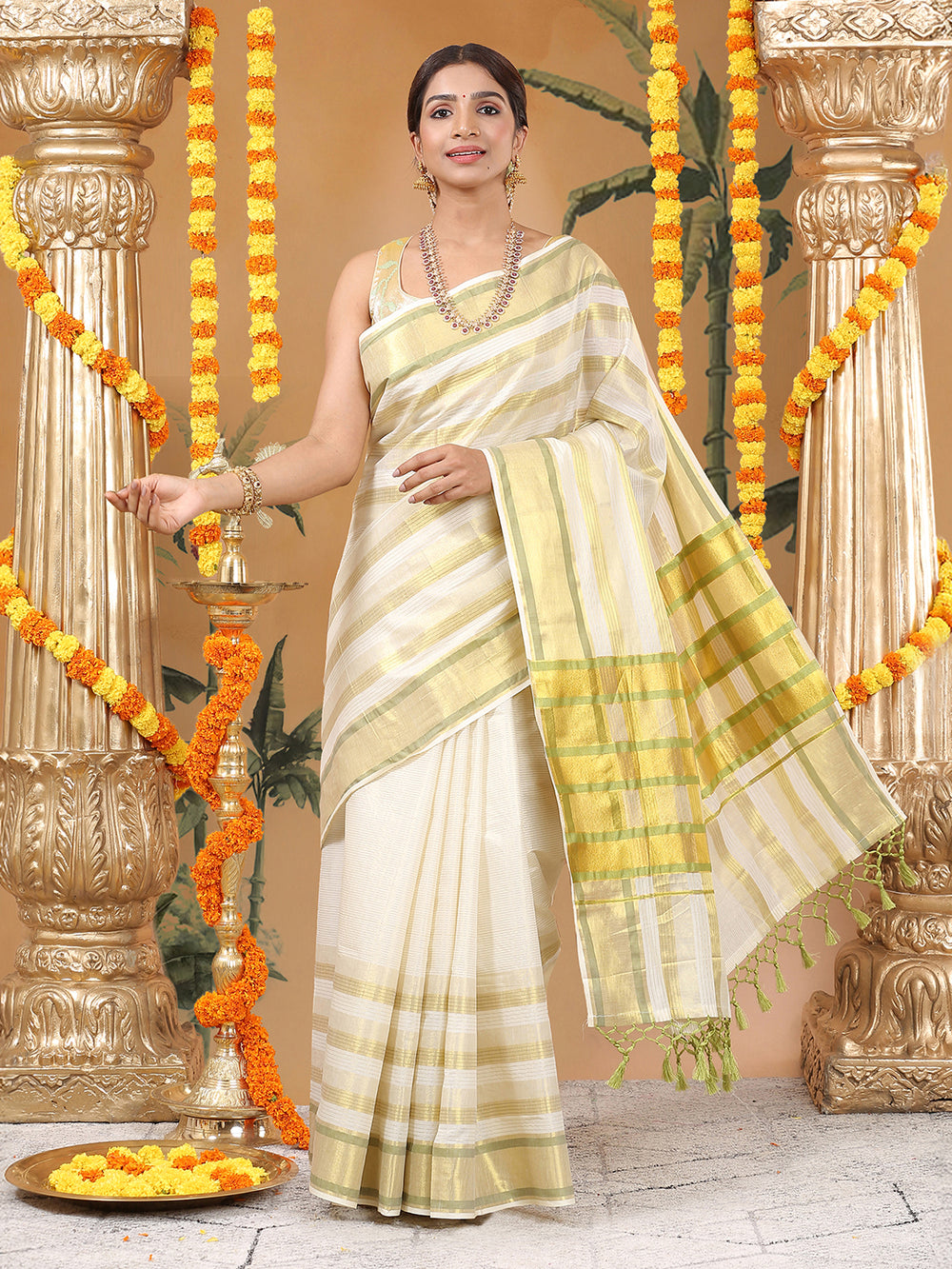 Striped Off-White Cotton Set Saree with Light Green & Golden Woven Border