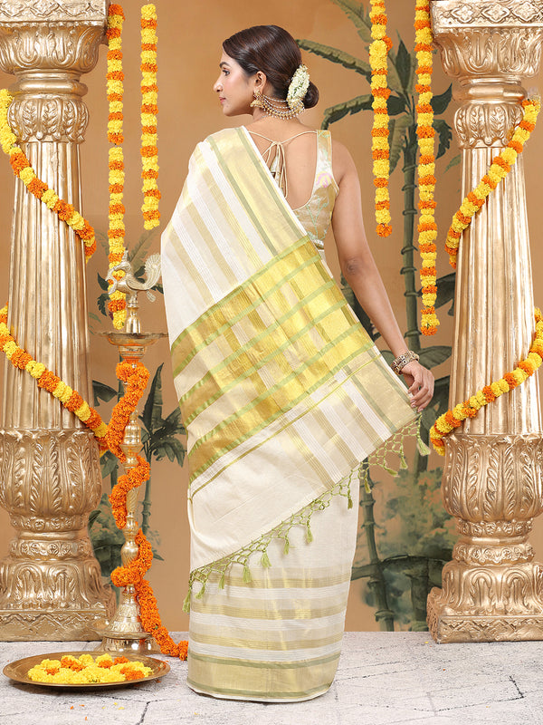 Striped Off-White Cotton Set Saree with Light Green & Golden Woven Border