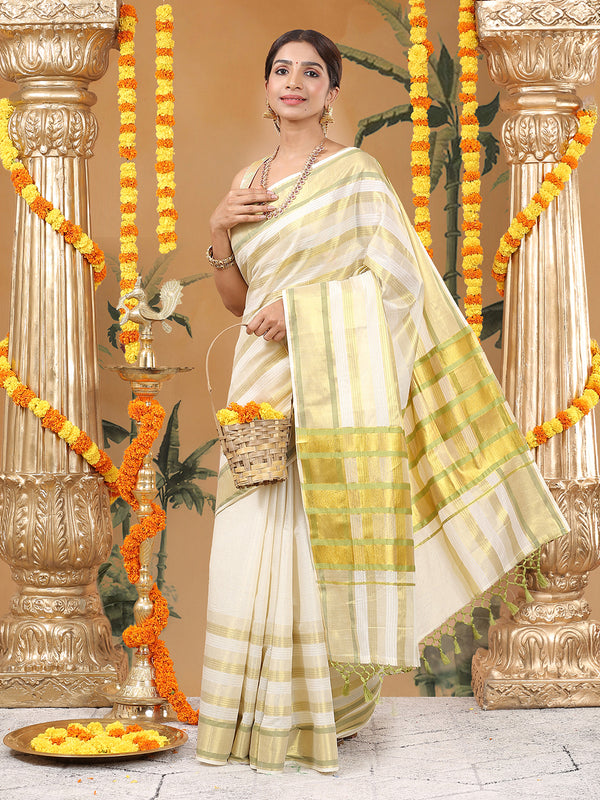 Striped Off-White Cotton Set Saree with Light Green & Golden Woven Border