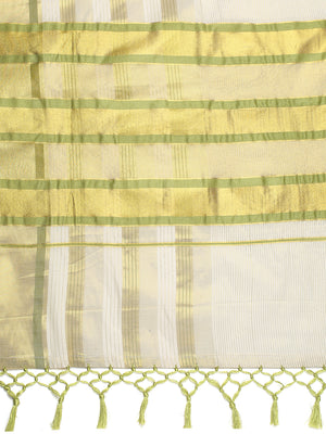 Striped Off-White Cotton Set Saree with Light Green & Golden Woven Border