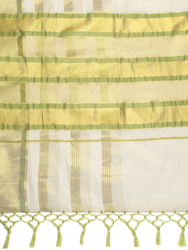 Striped Off-White Cotton Set Saree with Light Green & Golden Woven Border