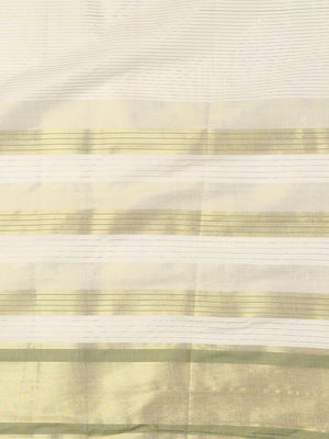 Striped Off-White Cotton Set Saree with Light Green & Golden Woven Border