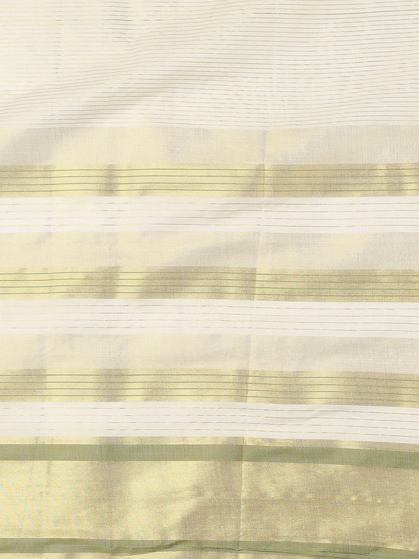 Striped Off-White Cotton Set Saree with Light Green & Golden Woven Border