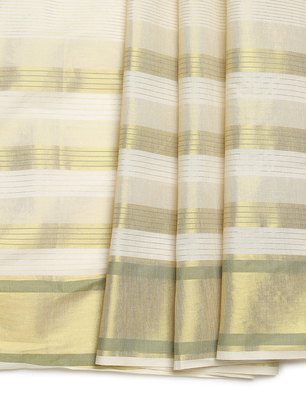 Striped Off-White Cotton Set Saree with Light Green & Golden Woven Border