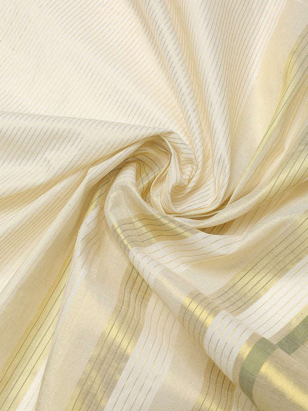Striped Off-White Cotton Set Saree with Light Green & Golden Woven Border