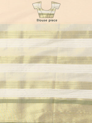 Striped Off-White Cotton Set Saree with Light Green & Golden Woven Border
