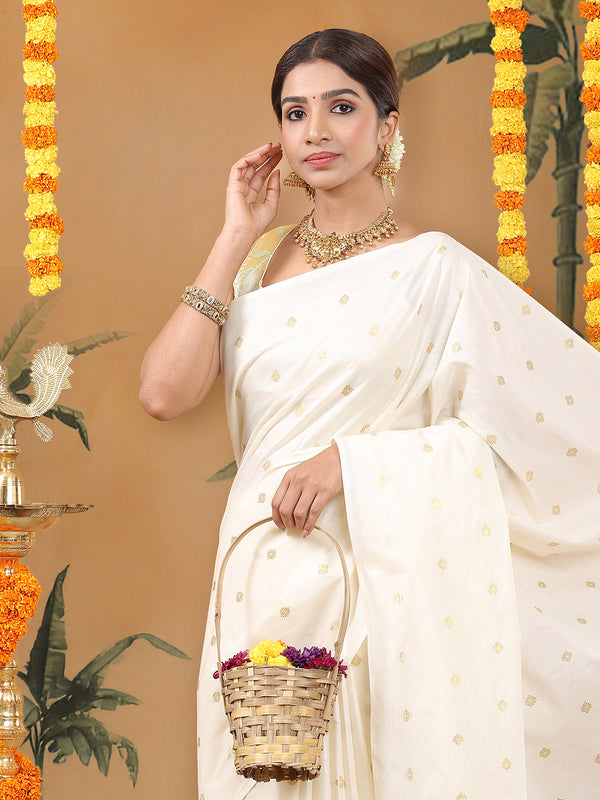 Off-White Borderless Cotton Saree with Golden Buttas & Olive Green Tassels