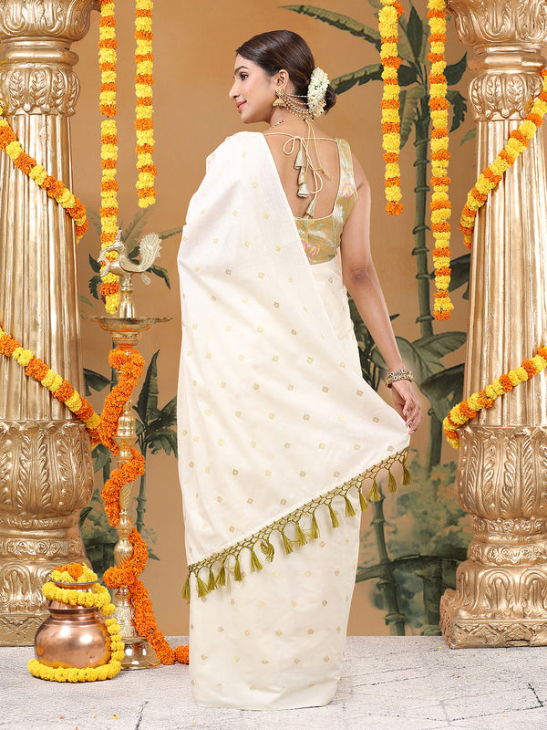 Off-White Borderless Cotton Saree with Golden Buttas & Olive Green Tassels